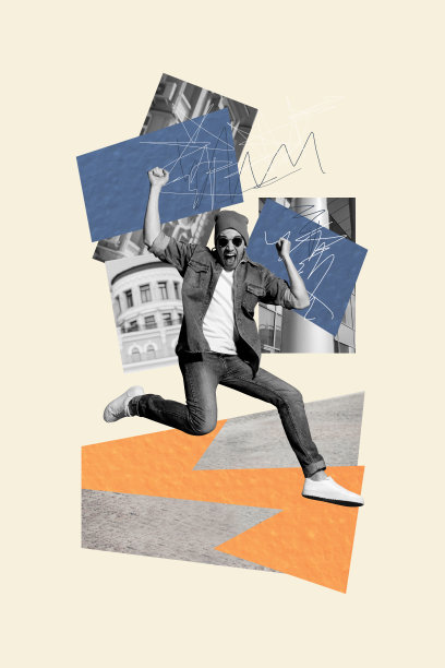 兴奋快乐的男人在建筑物前跳跃的垂直照片拼贴，夏季城市旅游展览，背景为涂鸦风格。图片下载