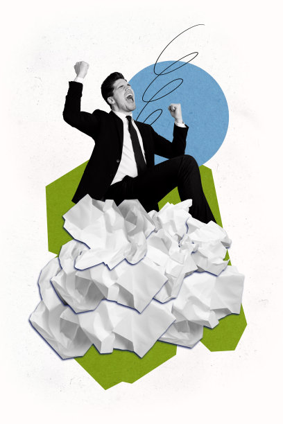 愤怒的商人竖版照片拼贴，尖叫着工作失败，纸团堆积，项目麻烦，背景为涂鸦风格。图片下载