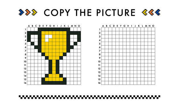 复制获胜者奖杯图片游戏。奖杯。用方块绘制。儿童教育工作表。图片下载
