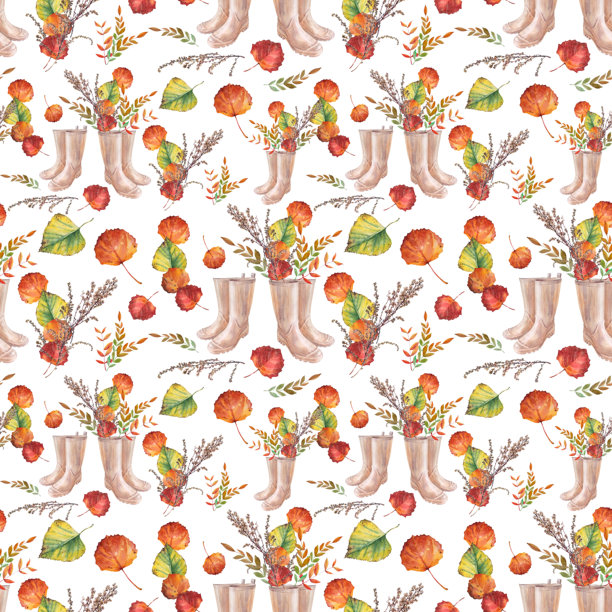 秋季无缝图案，橡胶靴中的花束。水彩手绘的橙色叶子和干枝，背景为白色。森林自然植物叶子。适用于贴纸的艺术作品。壁纸或包装。图片下载