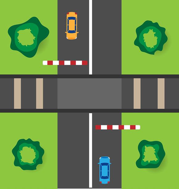 从上方俯视等待火车通过的道路上的汽车图片下载