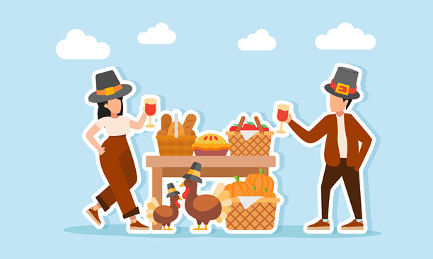 一男一女戴着帽子，手持饮料杯，旁边有几只火鸡、一个南瓜篮子和一张摆满面包篮、派和水果篮的桌子，表现出对感恩节的感激之情。图片下载