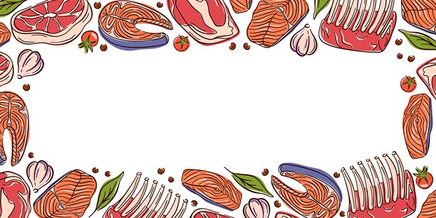 平面风格的肉类、三文鱼、蒜头、西红柿、辣椒和香草的框架设计，背景为白色。非常适合传单设计和杂货店墙纸。图片下载
