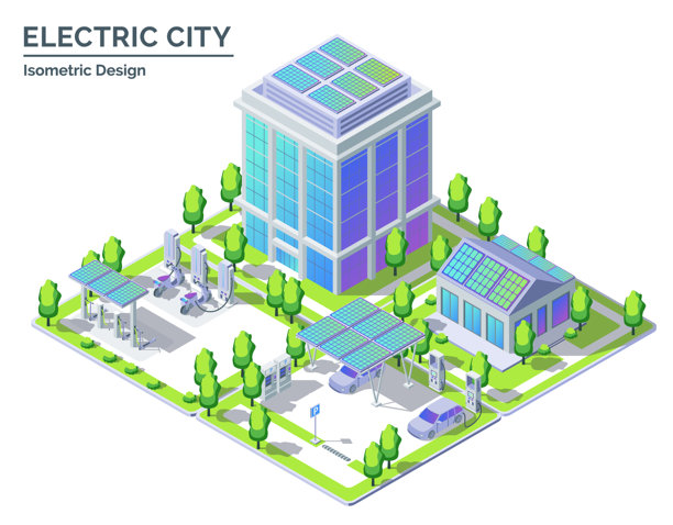 卡通色彩充电站，停车区，办公室和住宅电动城市交通概念3D等距图。矢量图。图片下载