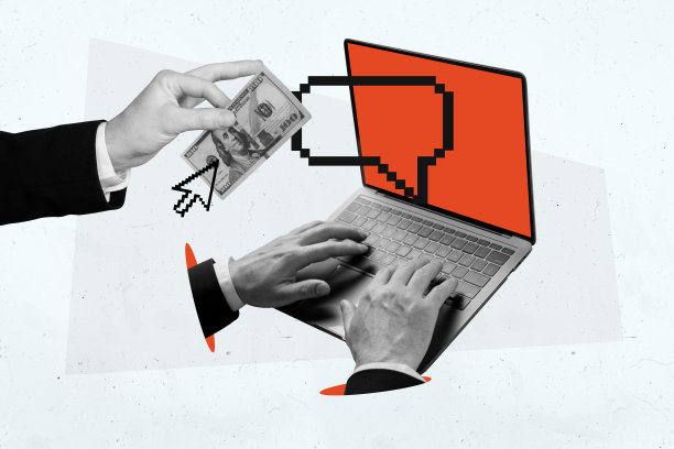 独特的全景照片拼贴，展示商人手握笔记本电脑和美元钞票，传达进展信息的交流。图片下载