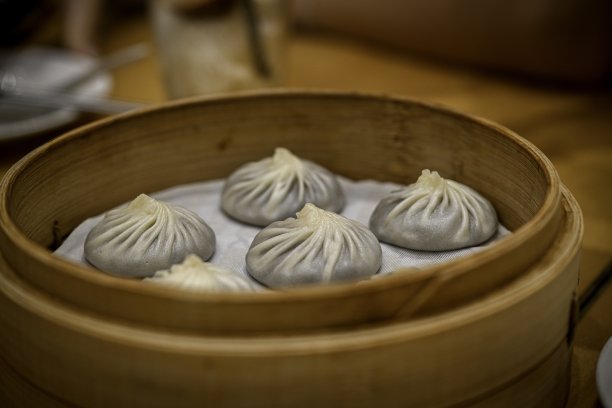 高分辨率特写彩色图片，展示传统餐具盛装的亚洲饺子菜肴图片下载