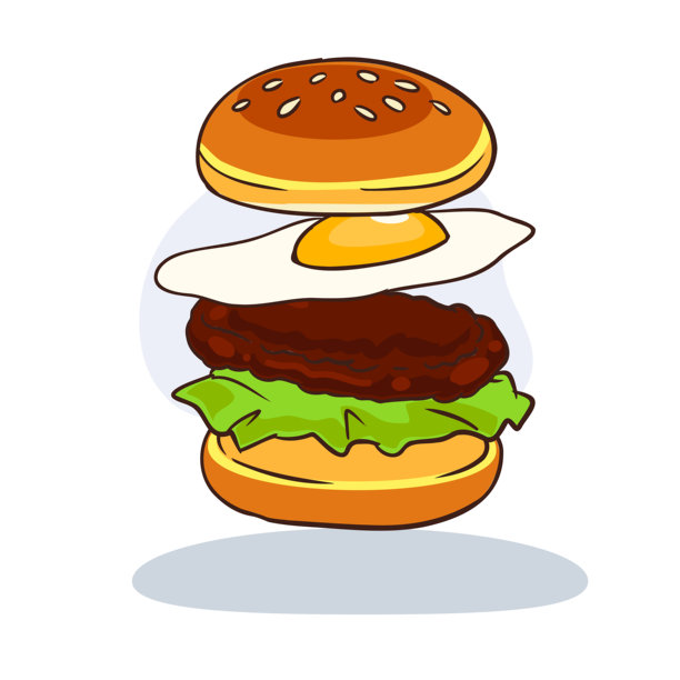 美味汉堡的矢量艺术，配有煎蛋、生菜和烤肉饼，完美适用于菜单和快餐品牌。图片下载
