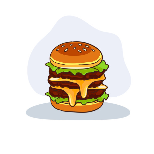 美味的三层芝士汉堡，配有烤肉饼、生菜和芝麻面包，卡通风格的食品矢量设计图片下载