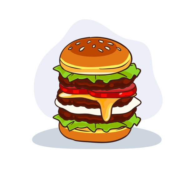 卡通插图中的叠层汉堡，配有生菜、番茄、奶酪、鸡蛋和牛肉饼图片下载
