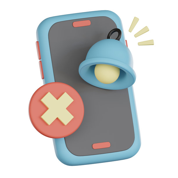 现代风格的3D智能手机图标，带有空的通知铃铛和取消符号，显示无警报或静音状态。图片下载