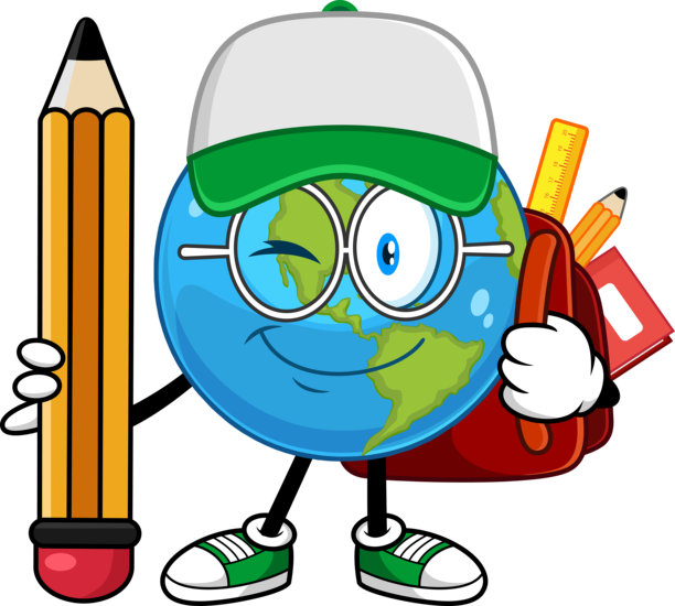 学校地球仪卡通角色手持巨型铅笔并背着书包图片下载