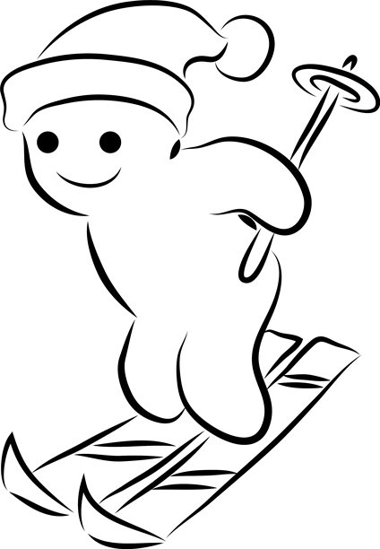 戴着帽子的滑雪男子，面带微笑，手绘风格，黑色画笔勾勒出曲线轮廓。图片下载