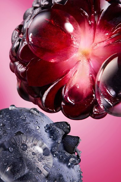 粉色背景上的多汁黑莓和蓝莓特写，黑莓上带有水滴的微距照片。图片下载