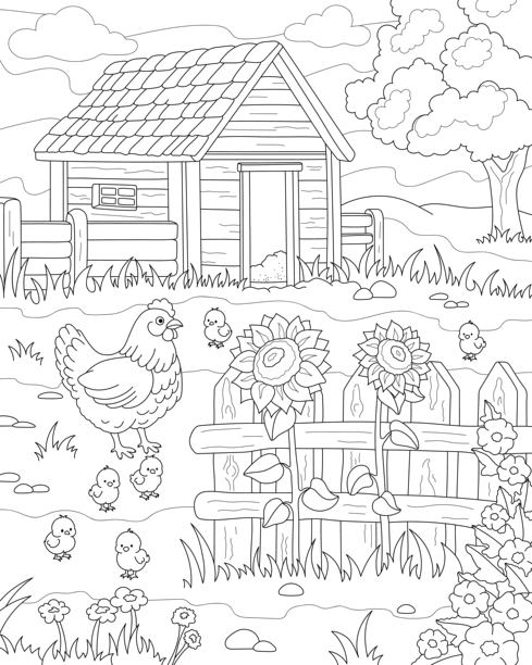 乡村风景。院子里的母鸡和小鸡。成人和儿童的涂色页。图片下载