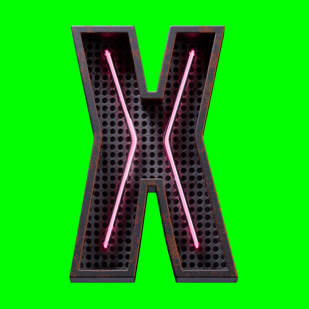 粉色霓虹灯字母大写字母X的3D插图。霓虹管大写字母在黑色生锈金属盒子中的粉色光效。适用于绿幕素材和剪辑路径的3D渲染。图片下载