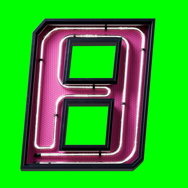 3D插图，白色霓虹灯数字字符8字体。黑色金属盒中带有白色光晕效果的霓虹管数字，底板为粉色。3D渲染，适用于绿色背景的素材和剪辑路径。图片下载