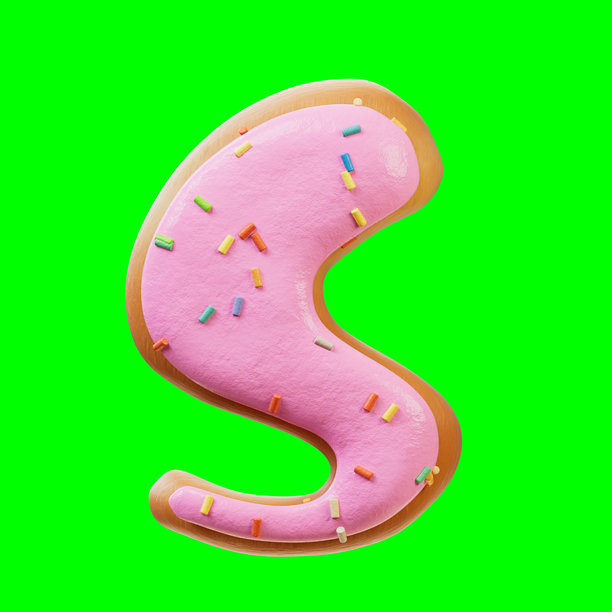 玫瑰糖霜甜甜圈字体概念的3D插图。烘焙甜美字母表。美味的字母S。3D渲染在绿色背景上，适用于视频素材和抠图。图片下载