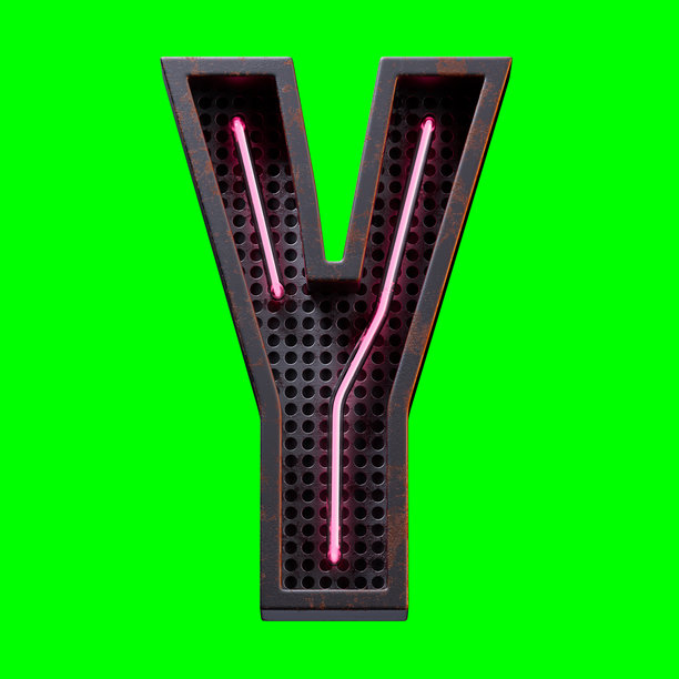 粉色霓虹灯字母Y的3D插图。霓虹管大写字母，粉色光效，置于黑色生锈金属盒中。适用于绿幕素材和剪辑路径的3D渲染。图片下载