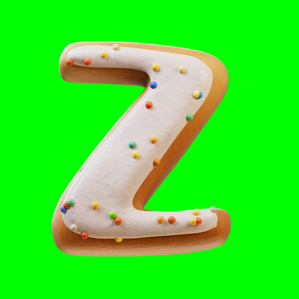 3D插图：白色奶油甜甜圈字体概念。烘焙甜点字母表。美味的字母Z。3D渲染在绿色背景上，适合视频素材和抠图。图片下载