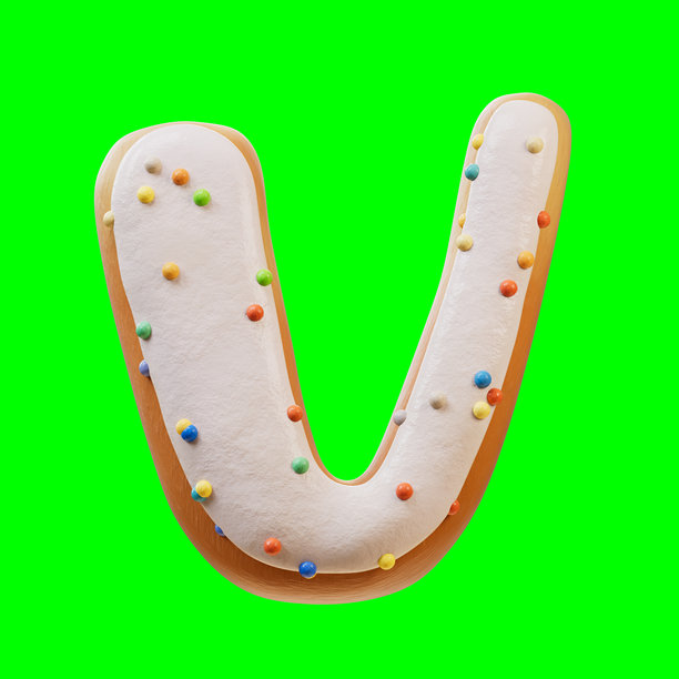 3D插图：白色奶油甜甜圈字体概念。烘焙甜点字母表。美味的字母V。3D渲染在绿色背景上，适合视频素材和抠图。图片下载
