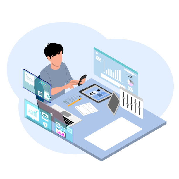 一个人在家中设计移动用户体验/用户界面的等距工作空间。漂浮的屏幕、平板电脑和图表展示了智能、简约设置下的数字生产力。图片下载