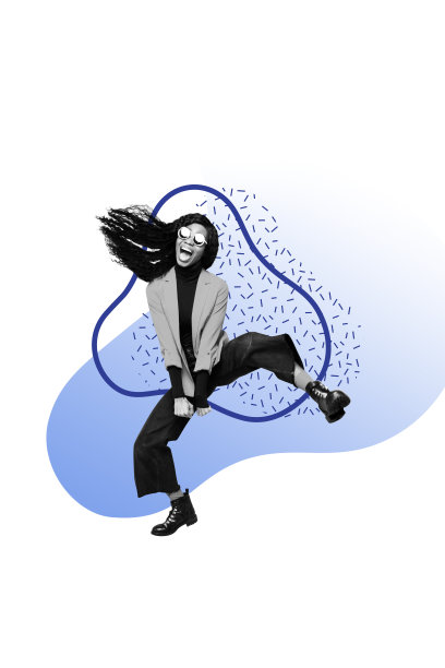 年轻女性在夜总会娱乐派对上跳舞微笑的趋势模板草图设计照片拼贴，展现积极的周末休闲娱乐。图片下载