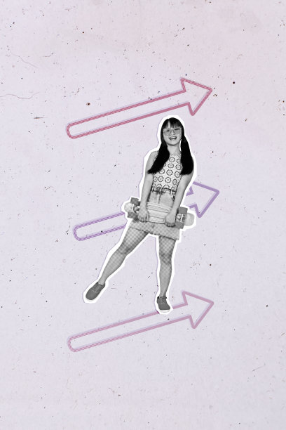 时尚艺术创意垂直照片拼贴，快乐的女商人获得箭头晋升，职业概念，目标成就机会图片下载