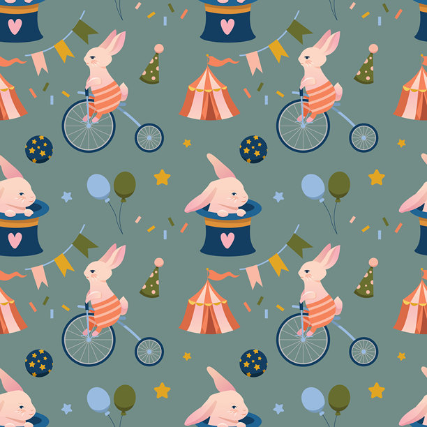 可爱的马戏团动物无缝图案。魔术帽里的兔子，骑自行车的小兔子，马戏帐篷，气球，旗帜。可爱的卡通角色。童趣背景。图片下载
