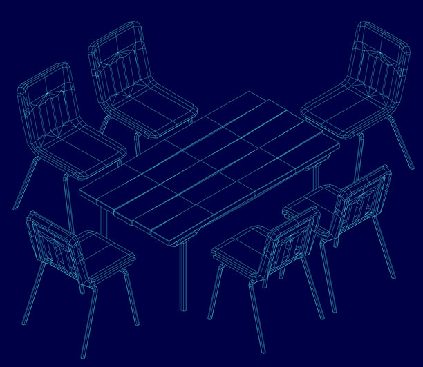 一张带有四把椅子的矩形餐桌，背景为蓝色，呈现出线框蓝图设计。椅子有弯曲的靠背和扶手，而桌面则光滑平整。图片下载