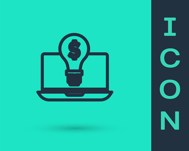 黑色线条的商业灯泡与笔记本电脑屏幕上的美元图标，背景为绿色。用户触摸屏幕。矢量图。图片下载