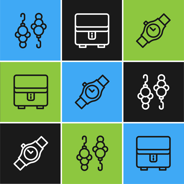 耳环、手表和首饰盒图标。矢量图。图片下载