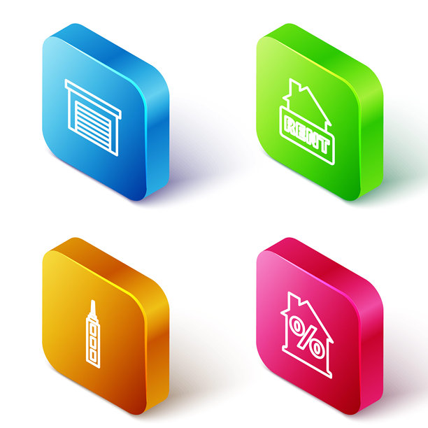 等距线条车库，带有“出租”的悬挂标志，摩天大楼和房屋折扣图标。矢量图。图片下载