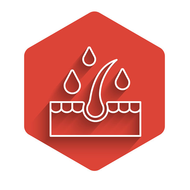 白色线条有机精油护发治疗图标，带有长阴影背景。生发油。红色六边形按钮。矢量图。图片下载