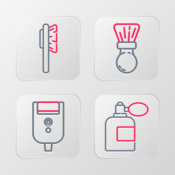 剃须水瓶（带喷雾器）、男士电动剃须刀刀片、剃须刷和发刷图标。矢量图。图片下载