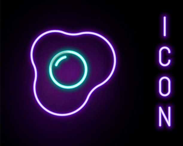 发光的霓虹线条炒鸡蛋图标，背景为黑色。家常菜，煎蛋，健康早餐，煎蛋卷图标。色彩丰富的轮廓概念。矢量图。图片下载