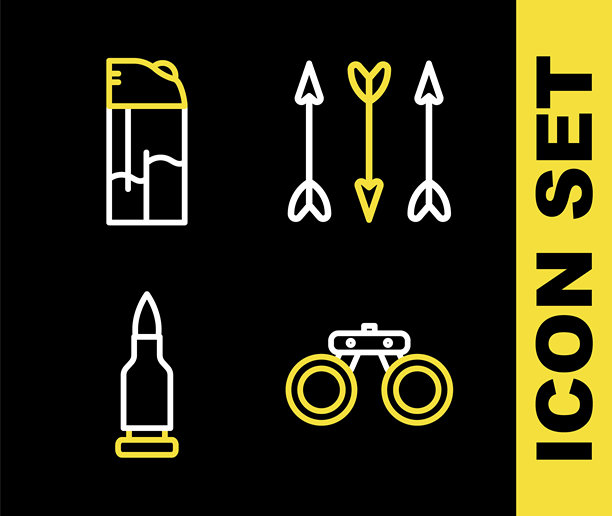 线条风格的嘻哈箭头、双筒望远镜、子弹和打火机图标。矢量图。图片下载