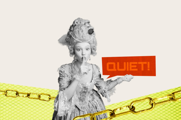 历史风格的奢华裙子3D照片拼贴艺术草图，年轻女士手势示意“嘘”，保持安静的信息。图片下载