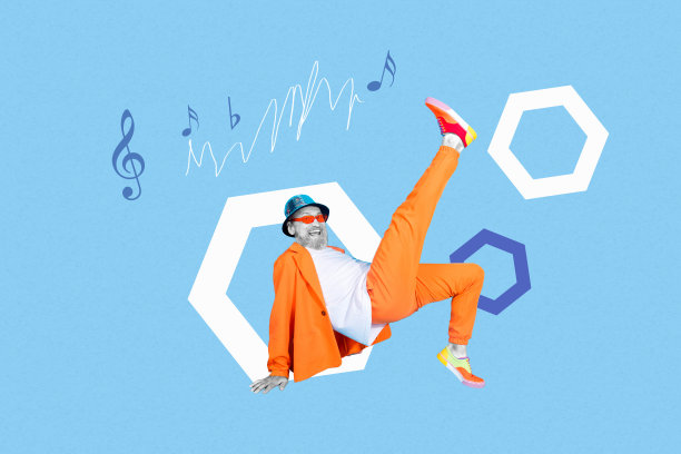 快乐老人在复古庆祝活动中跳舞的全3D照片拼贴海报，80年代派对放松假日气氛图片下载