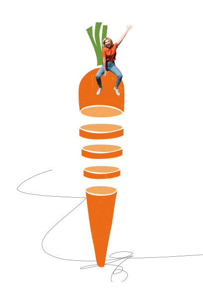 素描设计趋势艺术海报，3D照片拼贴，年轻女士坐着，手持胡萝卜，健康烹饪，享用美食，厨房美食。图片下载