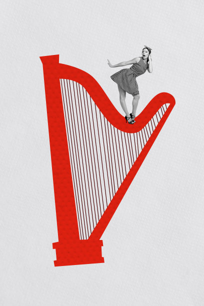 3D照片拼贴的草图模板设计，展示了一位年轻女性在夜总会派对场合中无忧无虑地跳舞，手持竖琴乐器。图片下载