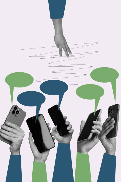 海报图像，垂直照片拼贴，手持手机设备，气泡交流，聊天框，社交网络，拥挤的人群，手臂。图片下载