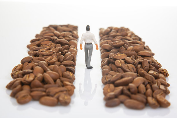一张象征性的库存照片，展示了一位穿着西装的微型人物在咖啡豆堆之间行走，代表着咖啡行业的旅程。白色背景。图片下载