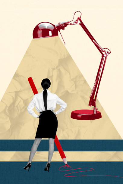 年轻女性在办公室背对着光灯，手持笔绘制线条的职业工作照片拼贴模板设计图片下载