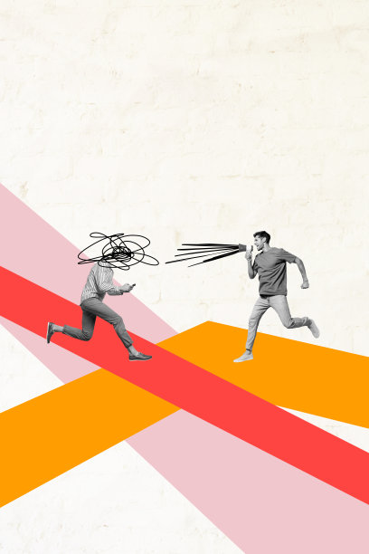 趋势模板草图设计 3D 照片拼贴，迷幻的无头男子奔跑，手机男孩大声讲话，扬声器线路路线方向图片下载