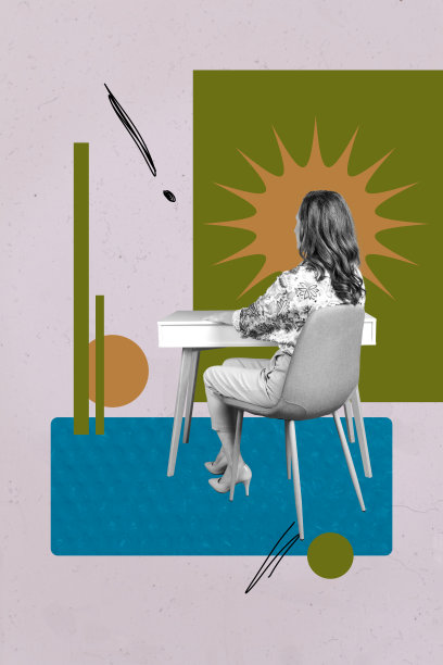 两位快乐的女商人与男商人的海报照片，垂直拼贴，展示了图表图标、职业发展机会、成功与进步。图片下载