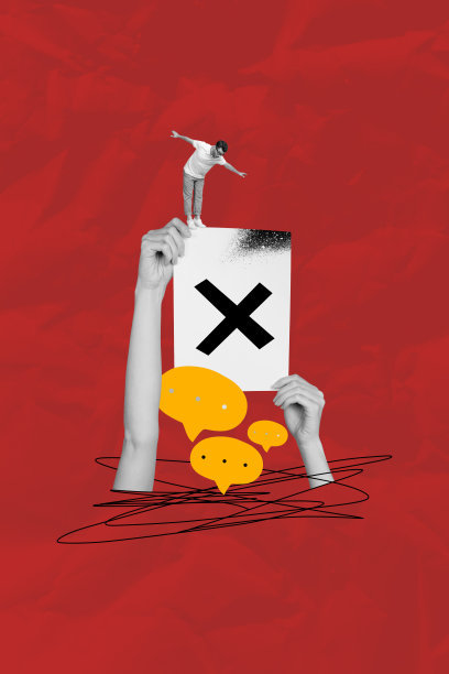 模板草图趋势照片拼贴，大手握住纸张，交叉停止，不拒绝，云朵思考气泡，评论聊天，年轻人站立平衡图片下载