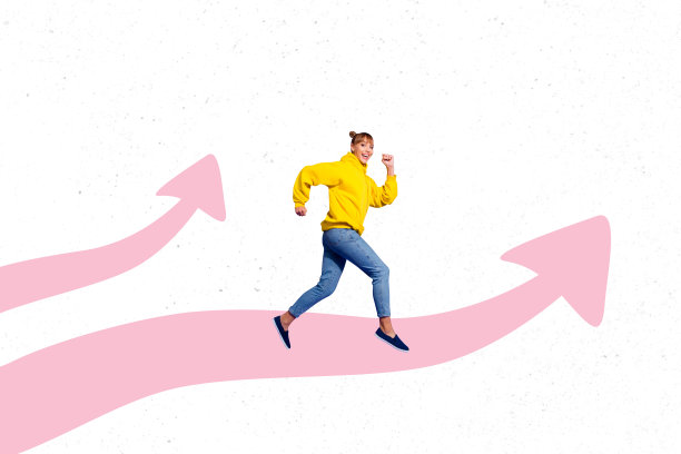 年轻女性走在路上，指向方向的3D照片拼贴模板趋势艺术作品，展示商业统计目标图表和成功图形。图片下载