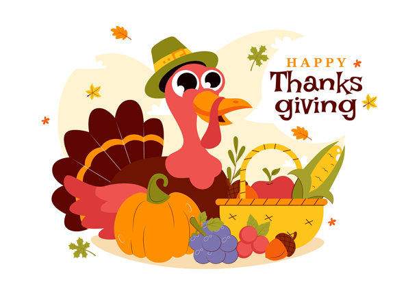 感恩节快乐矢量插图，包含火鸡、南瓜、秋叶和各种节日元素，背景为平面风格卡通。图片下载