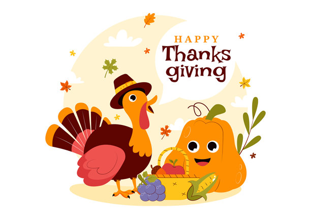 感恩节快乐矢量插图，包含火鸡、南瓜、秋叶和各种节日元素，背景为平面风格卡通。图片下载