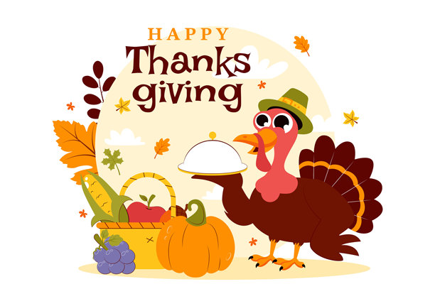 感恩节快乐矢量插图，包含火鸡、南瓜、秋叶和各种节日元素，背景为平面风格卡通。图片下载